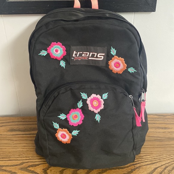 JanSport Backpack Black Rosa Floral Embroidery with laptop sleeve - Picture 2 of 8